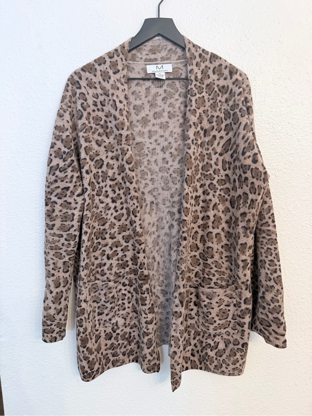 Magaschoni Leopard Print Open Cardigan in Tan and Brown